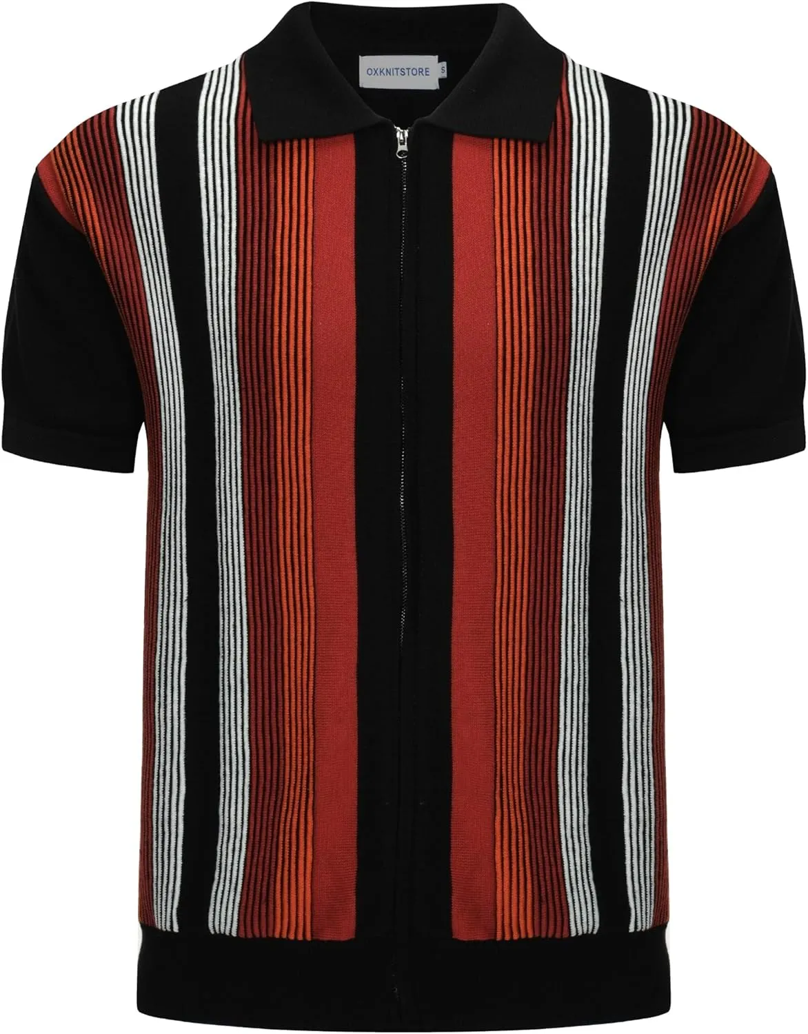 OXKNIT Men's Short Sleeve Knit Retro Polo Shirt, 1960s Mod Style Vintage Zip Stripe Golf Polo T Shirts