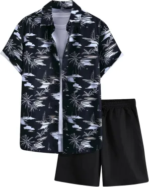 OYOANGLE Men's 2 Piece Set Hawaiian Outfits Button Down Shirt and Shorts Set Summer Beach Outfit