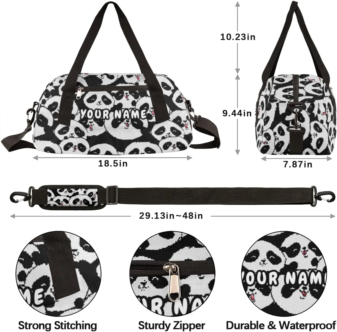 Panda Cute Pattern Personalized Kids Duffel Bag for Girls Boys, Panda Debris Custom Name Dance Bag Overnight Small Duffel Bag Carry On Weekend Sports Travel Bag for School Practice Gymnastics Ballet