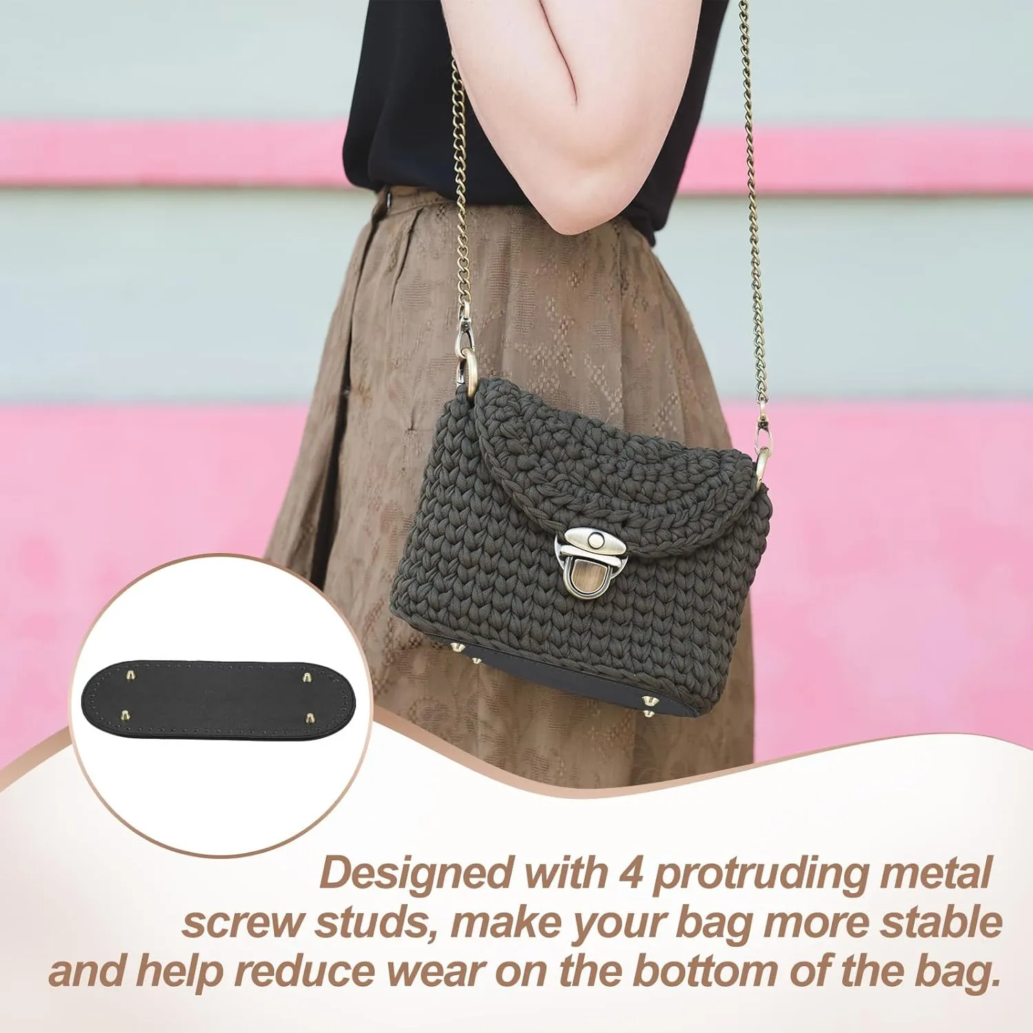 PATIKIL PU Leather Bag Bottom Shaper 9.8x4.7 Inch, 2Pcs Oval Knitting Crochet Bags Bottom Pad Base with Holes & Nails for DIY Handbag Shoulder Bags Purse Making Supplies, Black