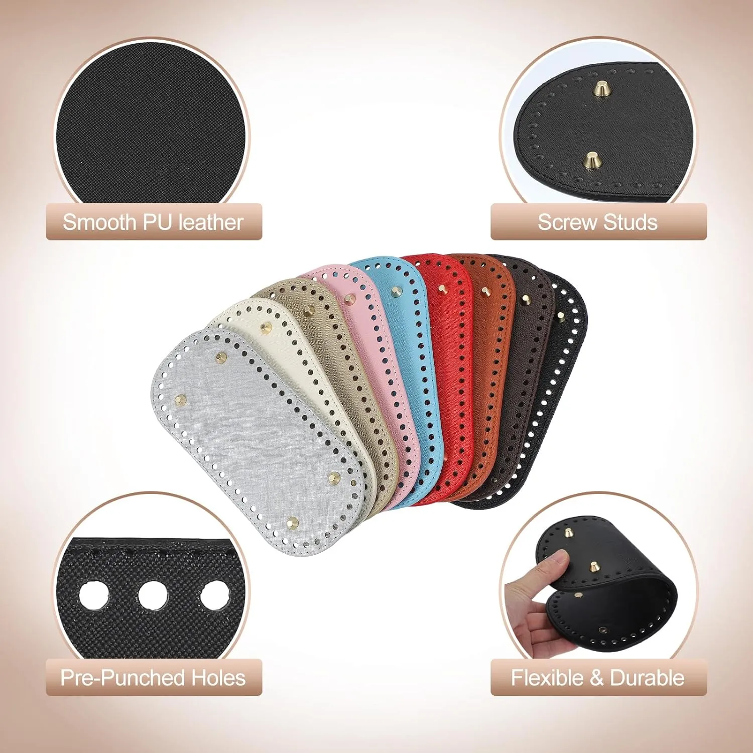 PATIKIL PU Leather Bag Bottom Shaper 9.8x4.7 Inch, 2Pcs Oval Knitting Crochet Bags Bottom Pad Base with Holes & Nails for DIY Handbag Shoulder Bags Purse Making Supplies, Black