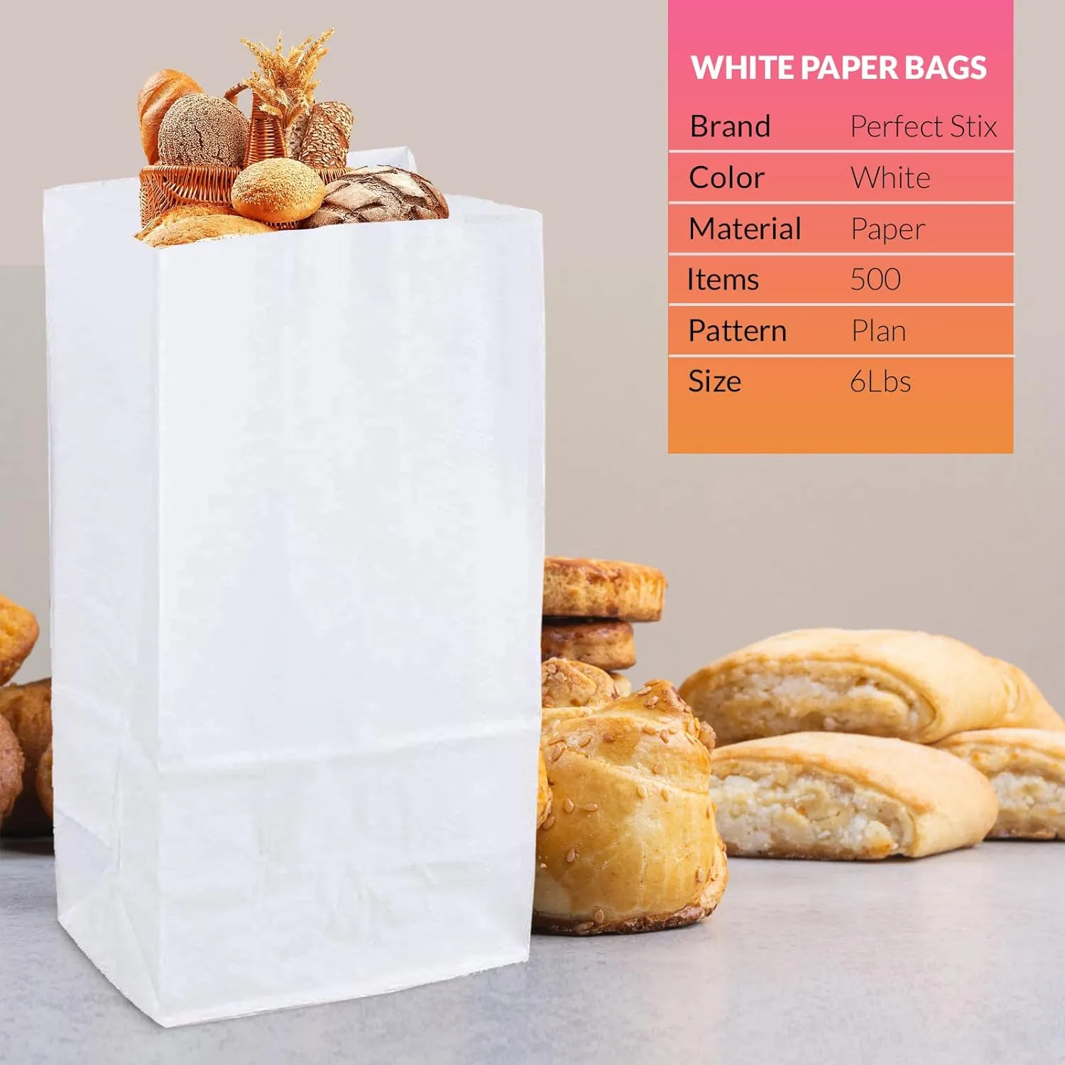 Perfect Stix 6lb White Paper Bags-Lunch Bags, Craft Bags, Grocery Bags- Pack of 500ct