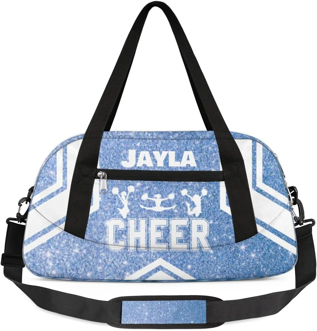 Personalized Cheerleader Bag for Girls Kids, Custom Dance Bag Overnight Small Duffel Bag Carry On Weekend Sports Travel Bag for School Practice Gymnastics Ballet, Cheer Blue Glitter 3