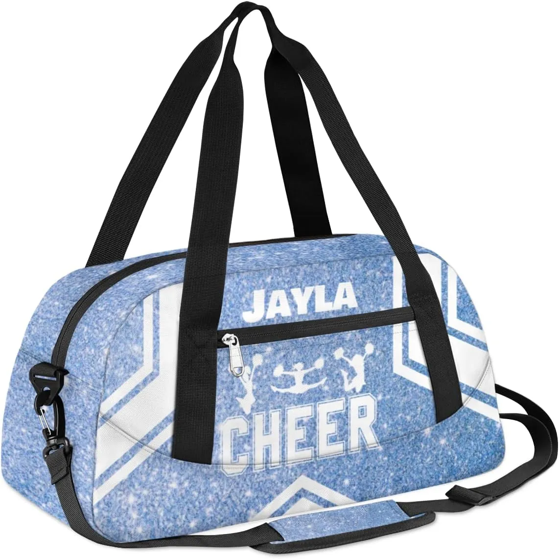 Personalized Cheerleader Bag for Girls Kids, Custom Dance Bag Overnight Small Duffel Bag Carry On Weekend Sports Travel Bag for School Practice Gymnastics Ballet, Cheer Blue Glitter 3
