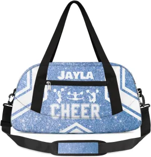 Personalized Cheerleader Bag for Girls Kids, Custom Dance Bag Overnight Small Duffel Bag Carry On Weekend Sports Travel Bag for School Practice Gymnastics Ballet, Cheer Blue Glitter 3