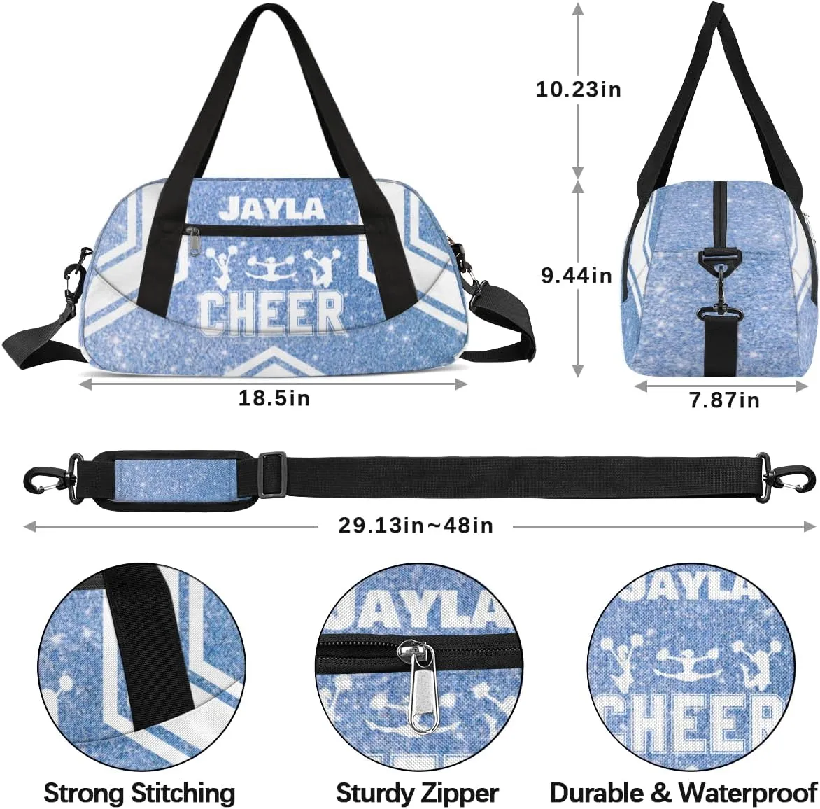 Personalized Cheerleader Bag for Girls Kids, Custom Dance Bag Overnight Small Duffel Bag Carry On Weekend Sports Travel Bag for School Practice Gymnastics Ballet, Cheer Blue Glitter 3