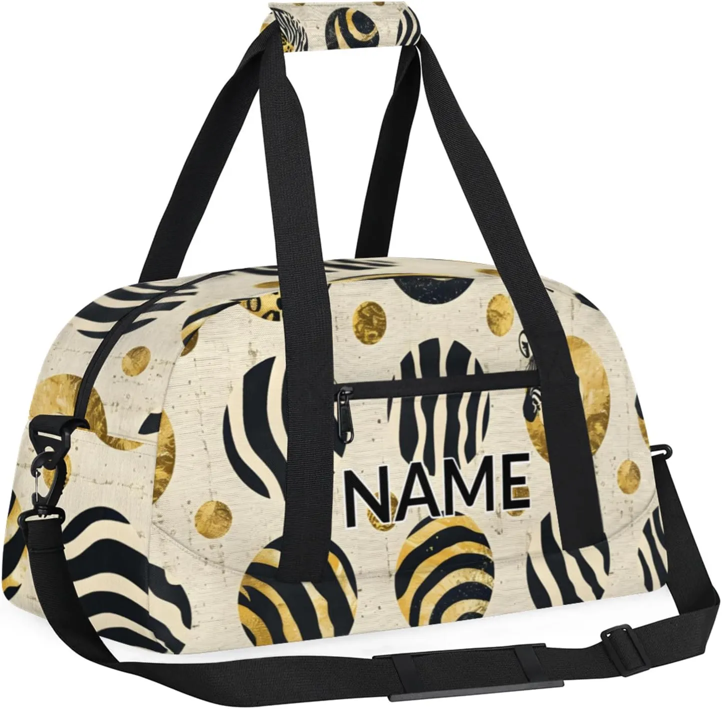 Personalized Custom Gold Dots Gym Bag for Women Men Carry on Travel Duffel Tote Zebra Print Overnight Workout Weekender Bag