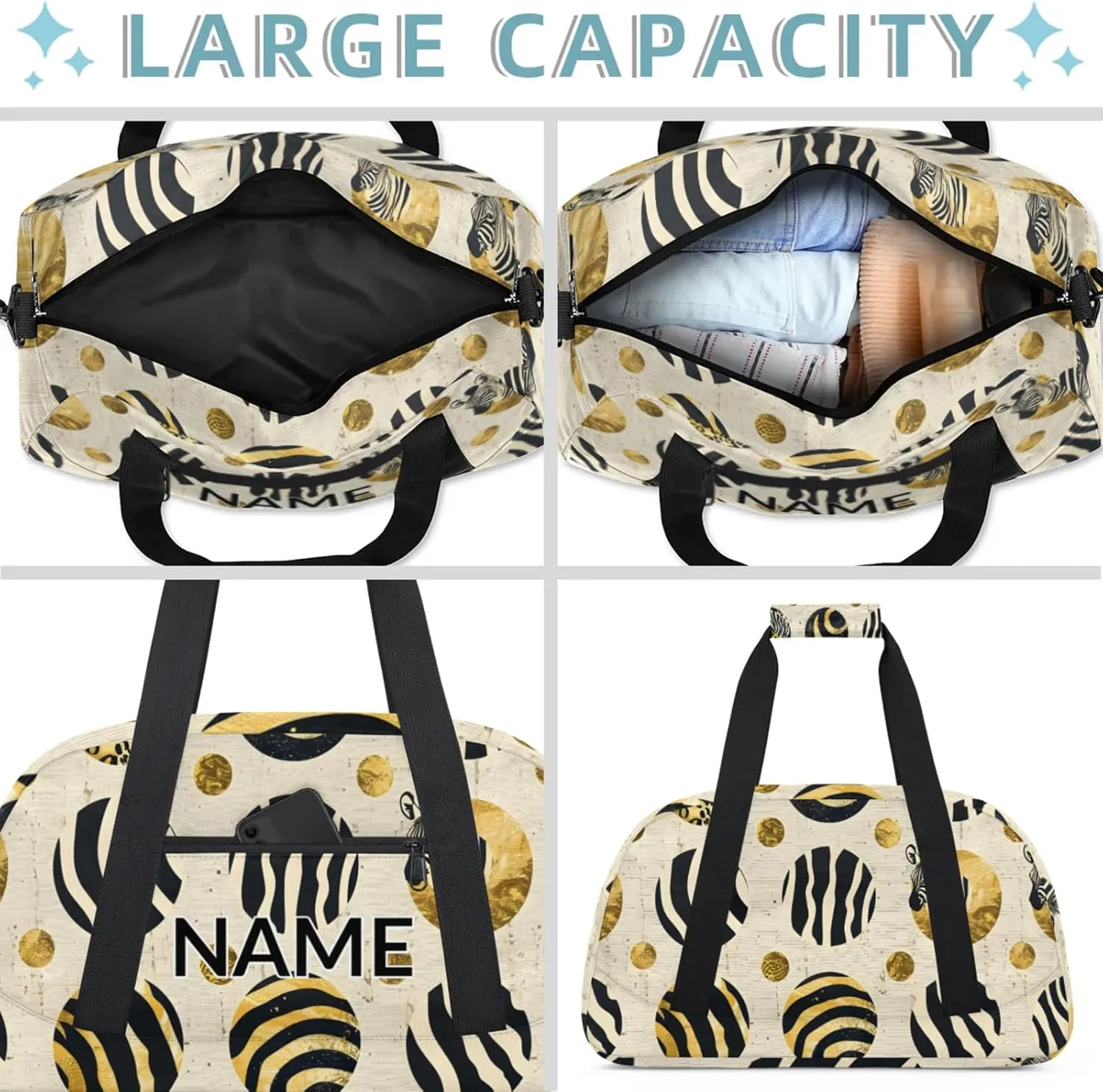 Personalized Custom Gold Dots Gym Bag for Women Men Carry on Travel Duffel Tote Zebra Print Overnight Workout Weekender Bag