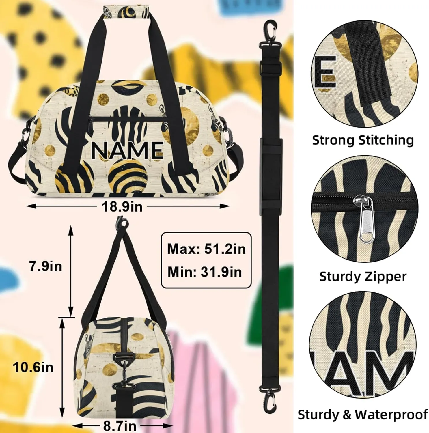 Personalized Custom Gold Dots Gym Bag for Women Men Carry on Travel Duffel Tote Zebra Print Overnight Workout Weekender Bag