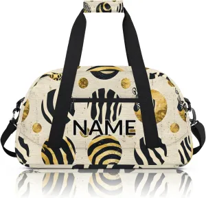 Personalized Custom Gold Dots Gym Bag for Women Men Carry on Travel Duffel Tote Zebra Print Overnight Workout Weekender Bag