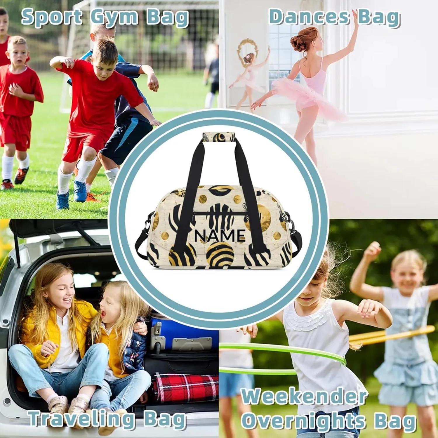 Personalized Custom Gold Dots Gym Bag for Women Men Carry on Travel Duffel Tote Zebra Print Overnight Workout Weekender Bag