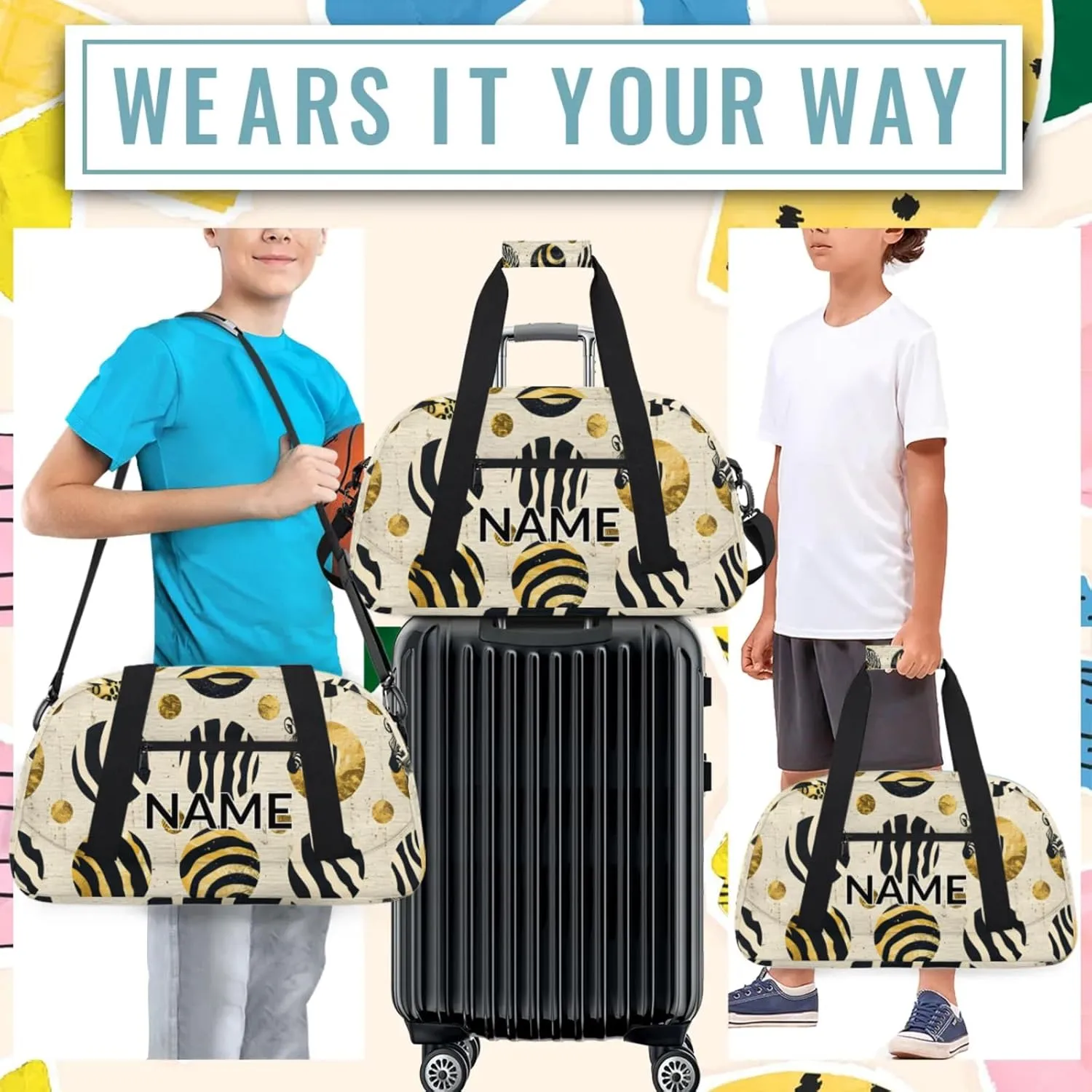 Personalized Custom Gold Dots Gym Bag for Women Men Carry on Travel Duffel Tote Zebra Print Overnight Workout Weekender Bag