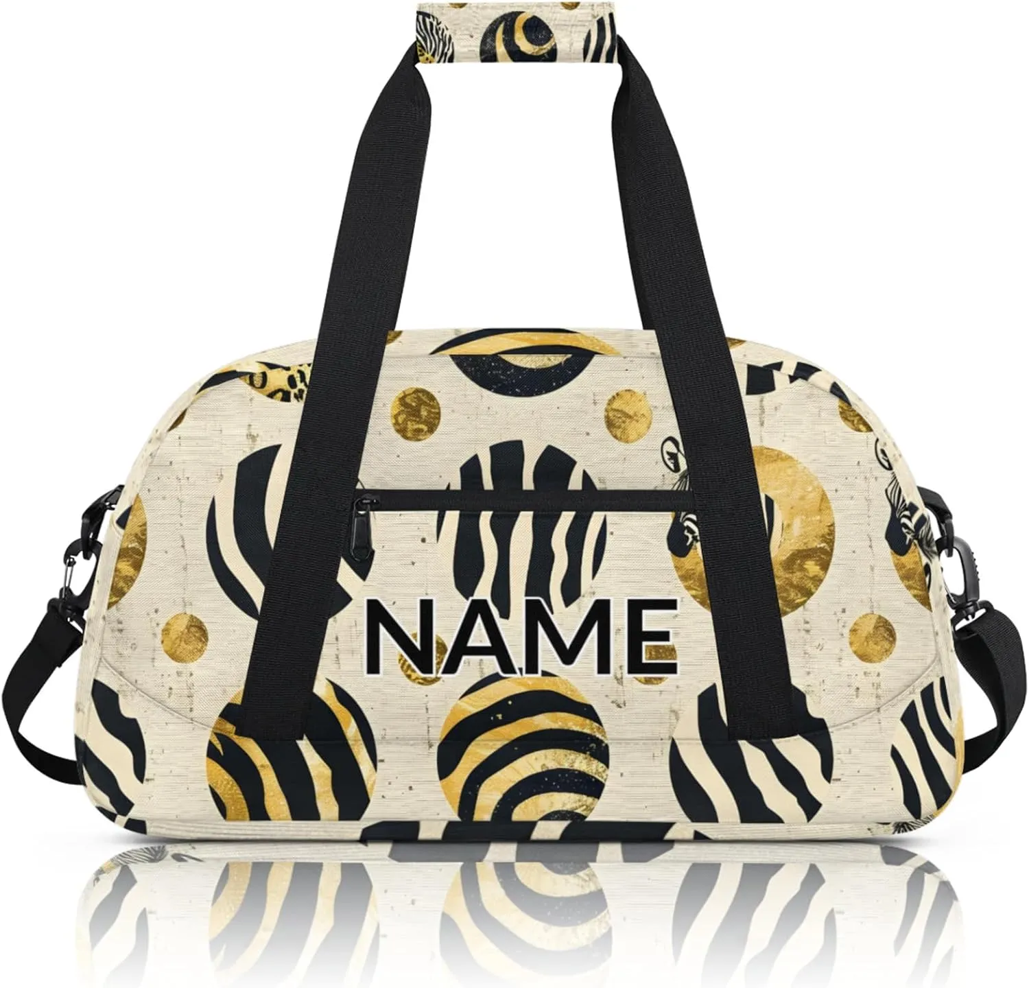 Personalized Custom Gold Dots Gym Bag for Women Men Carry on Travel Duffel Tote Zebra Print Overnight Workout Weekender Bag