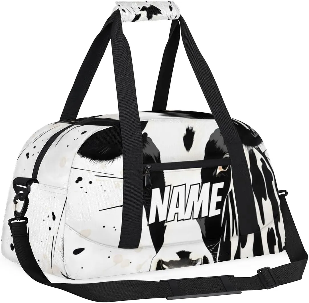 Personalized Custom Gym Bag for Women Men Carry on Black White Cow Travel Duffel Tote Farmhouse Print Overnight Workout Weekender Bag