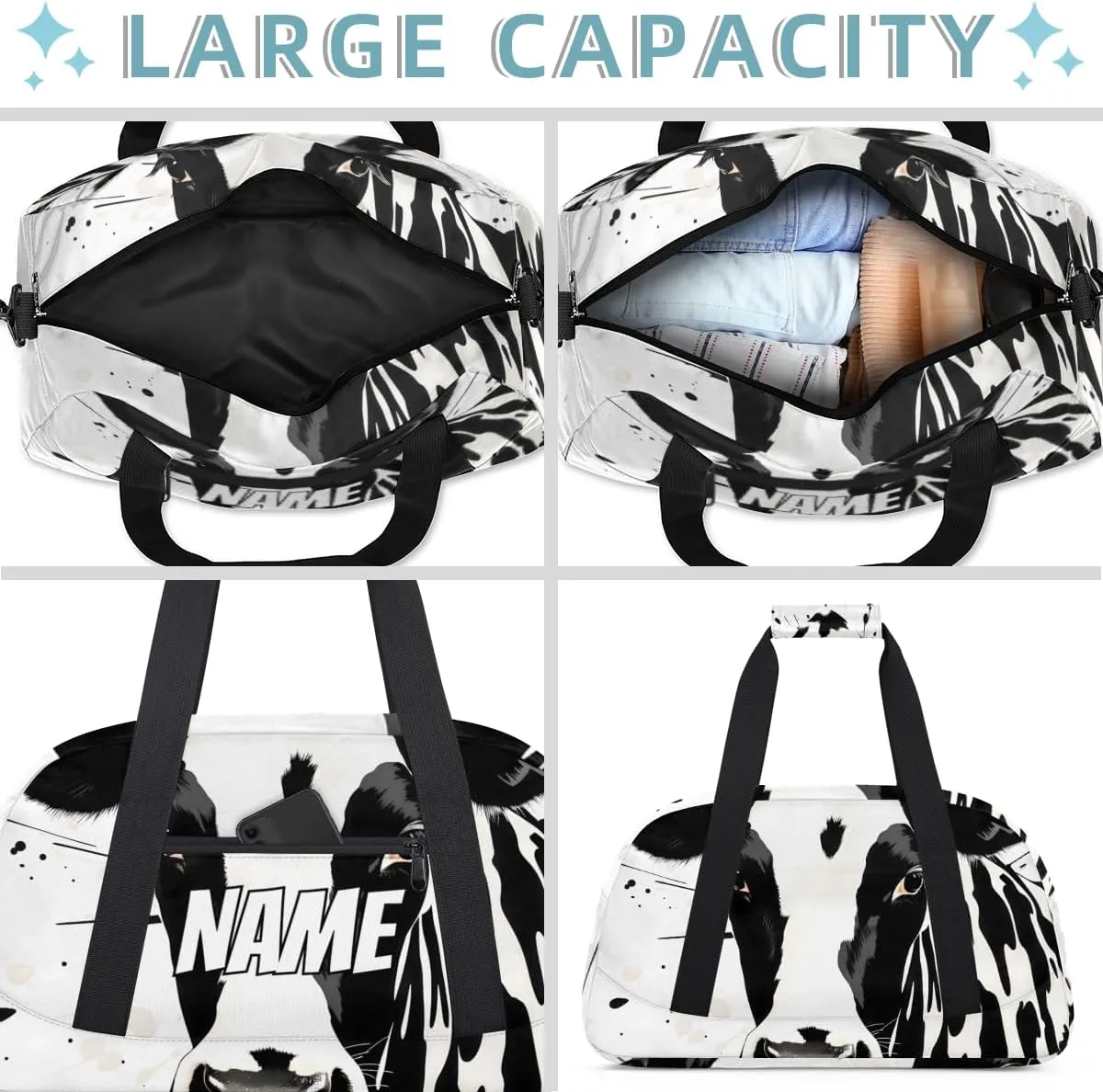 Personalized Custom Gym Bag for Women Men Carry on Black White Cow Travel Duffel Tote Farmhouse Print Overnight Workout Weekender Bag