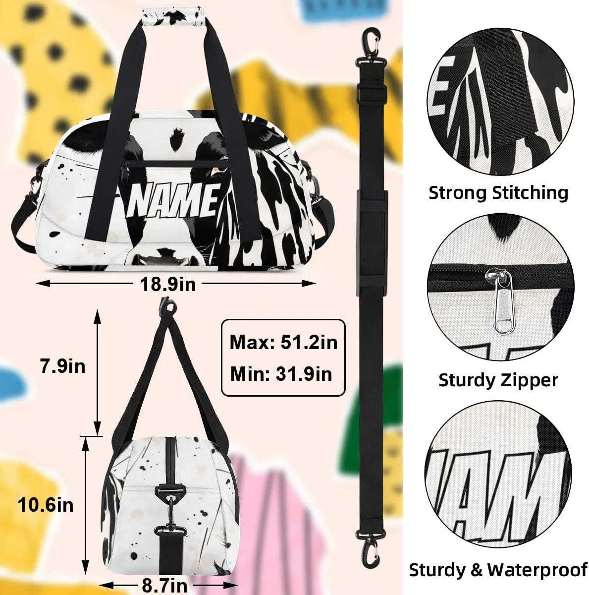 Personalized Custom Gym Bag for Women Men Carry on Black White Cow Travel Duffel Tote Farmhouse Print Overnight Workout Weekender Bag