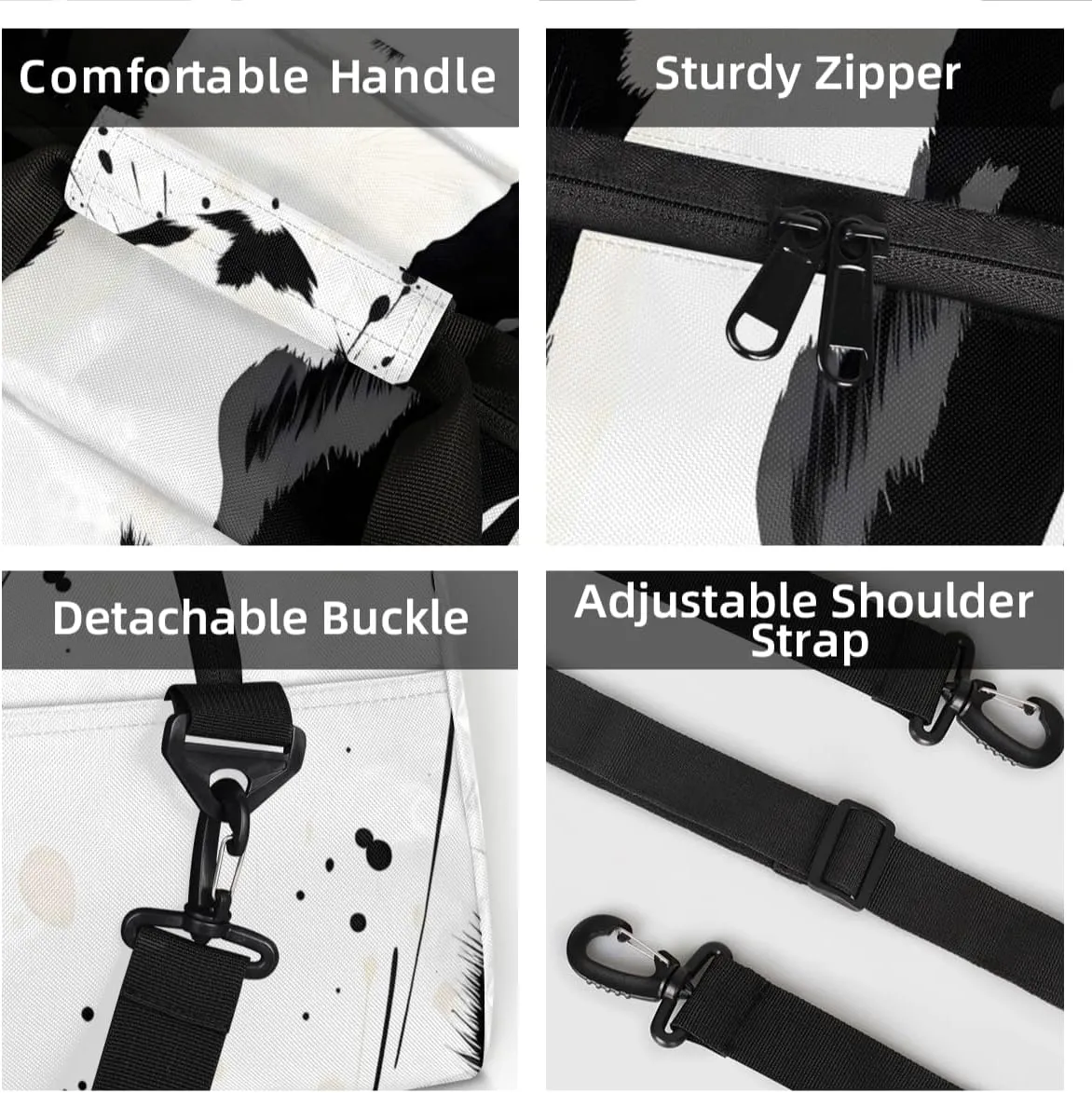 Personalized Custom Gym Bag for Women Men Carry on Black White Cow Travel Duffel Tote Farmhouse Print Overnight Workout Weekender Bag
