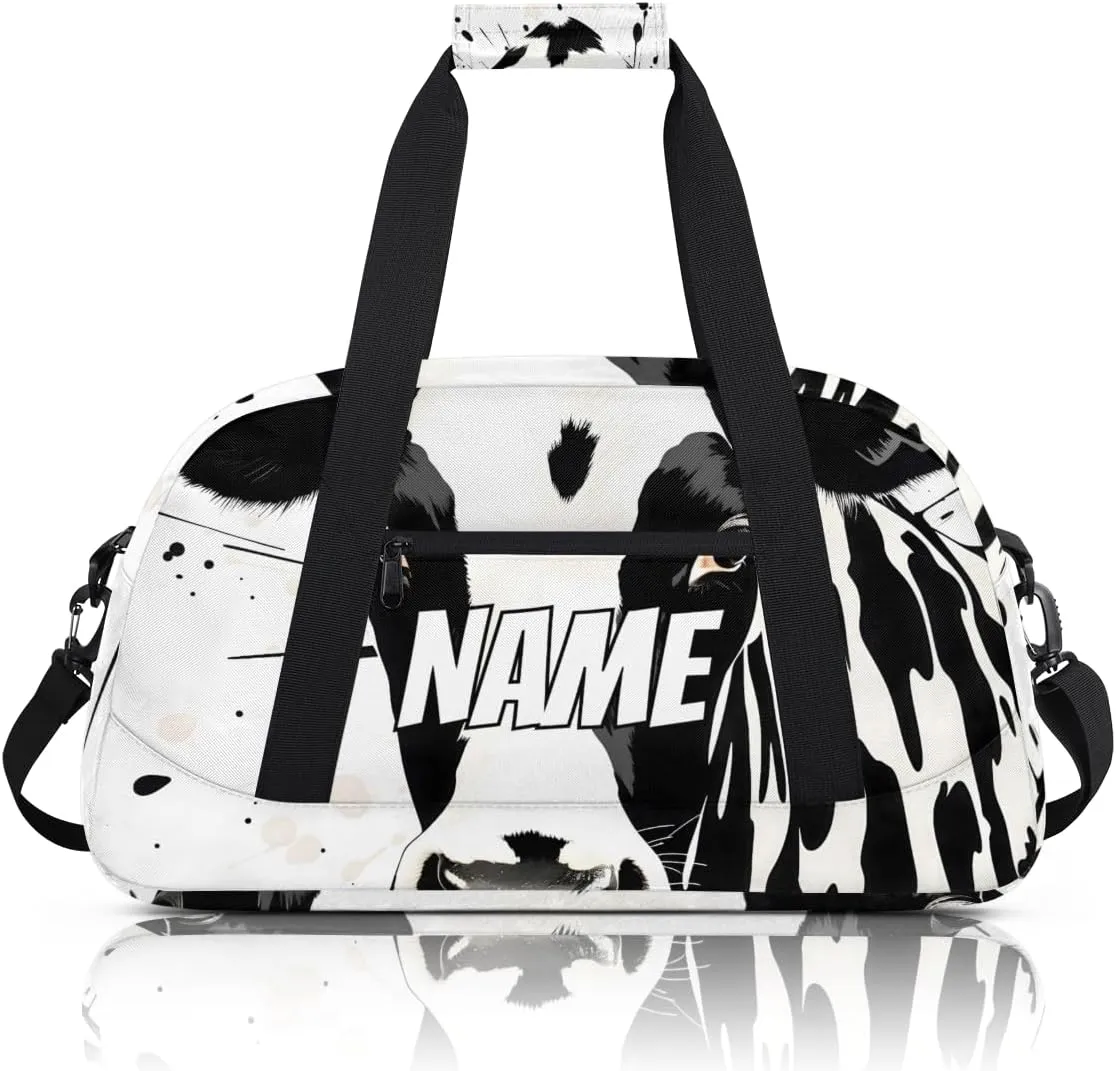 Personalized Custom Gym Bag for Women Men Carry on Black White Cow Travel Duffel Tote Farmhouse Print Overnight Workout Weekender Bag