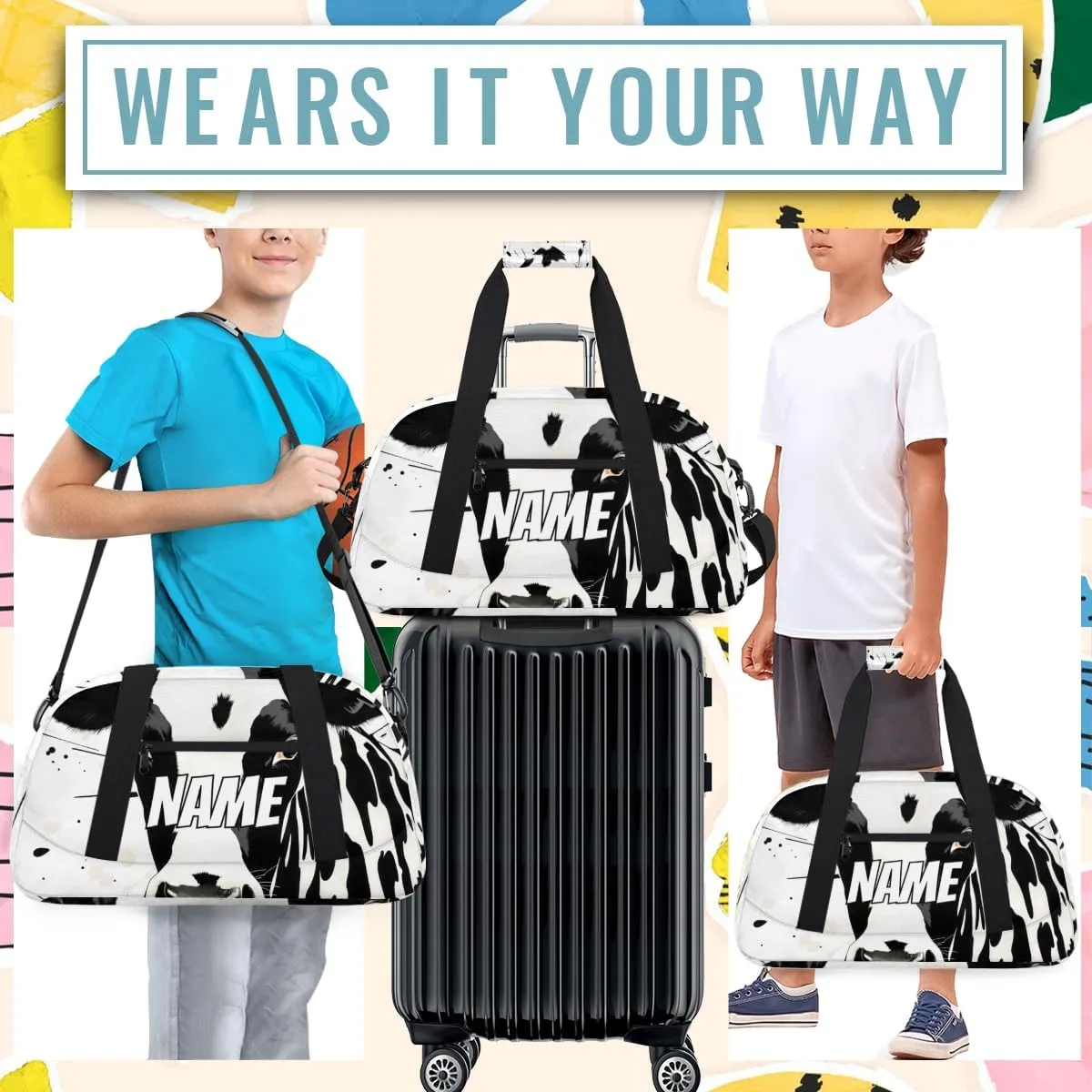 Personalized Custom Gym Bag for Women Men Carry on Black White Cow Travel Duffel Tote Farmhouse Print Overnight Workout Weekender Bag