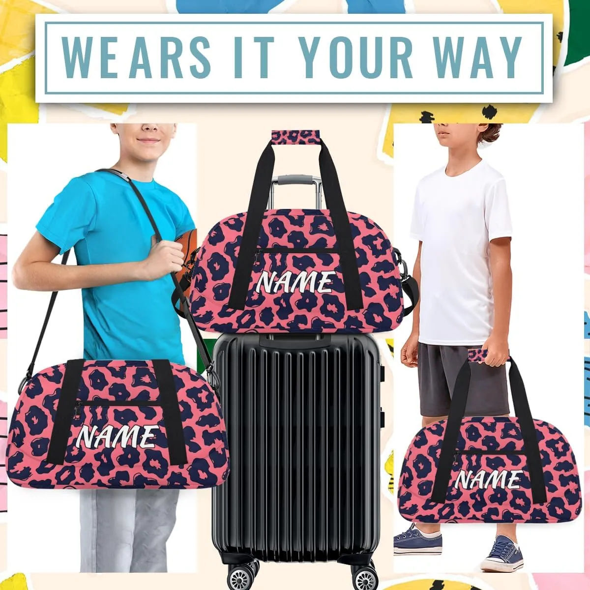 Personalized Custom Gym Bag for Women Men Carry on Leopard Print Travel Duffel Tote Pink Black Overnight Workout Weekender Bag