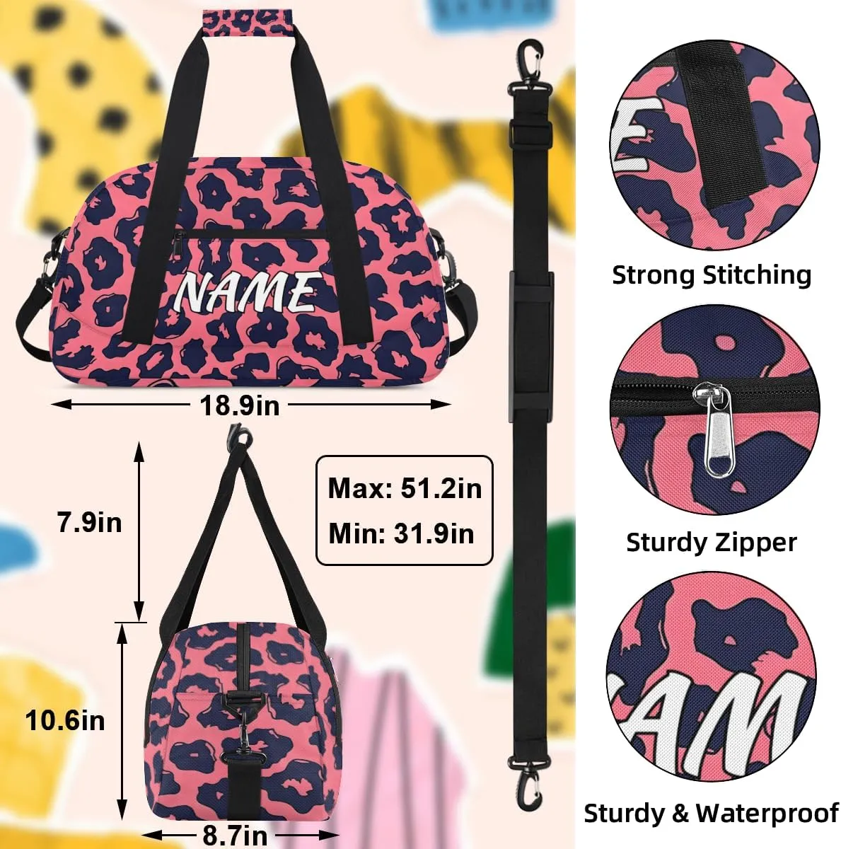 Personalized Custom Gym Bag for Women Men Carry on Leopard Print Travel Duffel Tote Pink Black Overnight Workout Weekender Bag