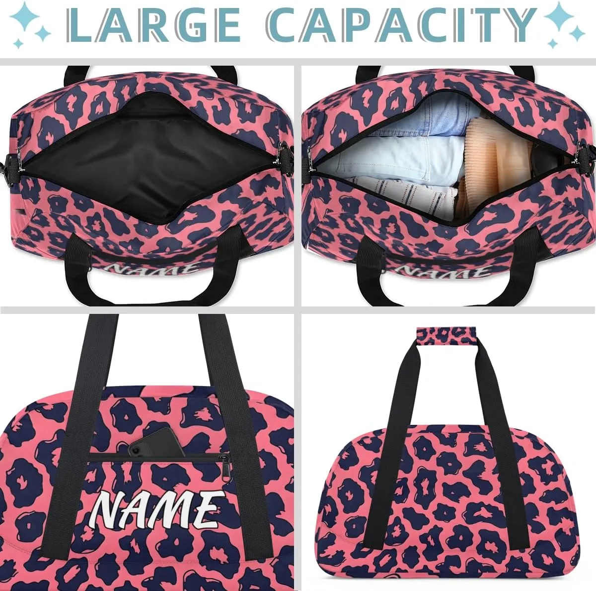 Personalized Custom Gym Bag for Women Men Carry on Leopard Print Travel Duffel Tote Pink Black Overnight Workout Weekender Bag
