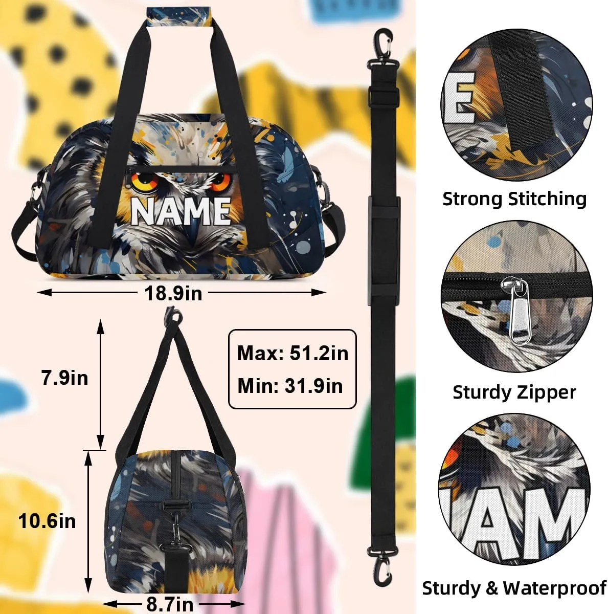 Personalized Custom Gym Bag for Women Men Carry on Wildlife Owl Travel Duffel Tote Boho Print Overnight Workout Weekender Bag
