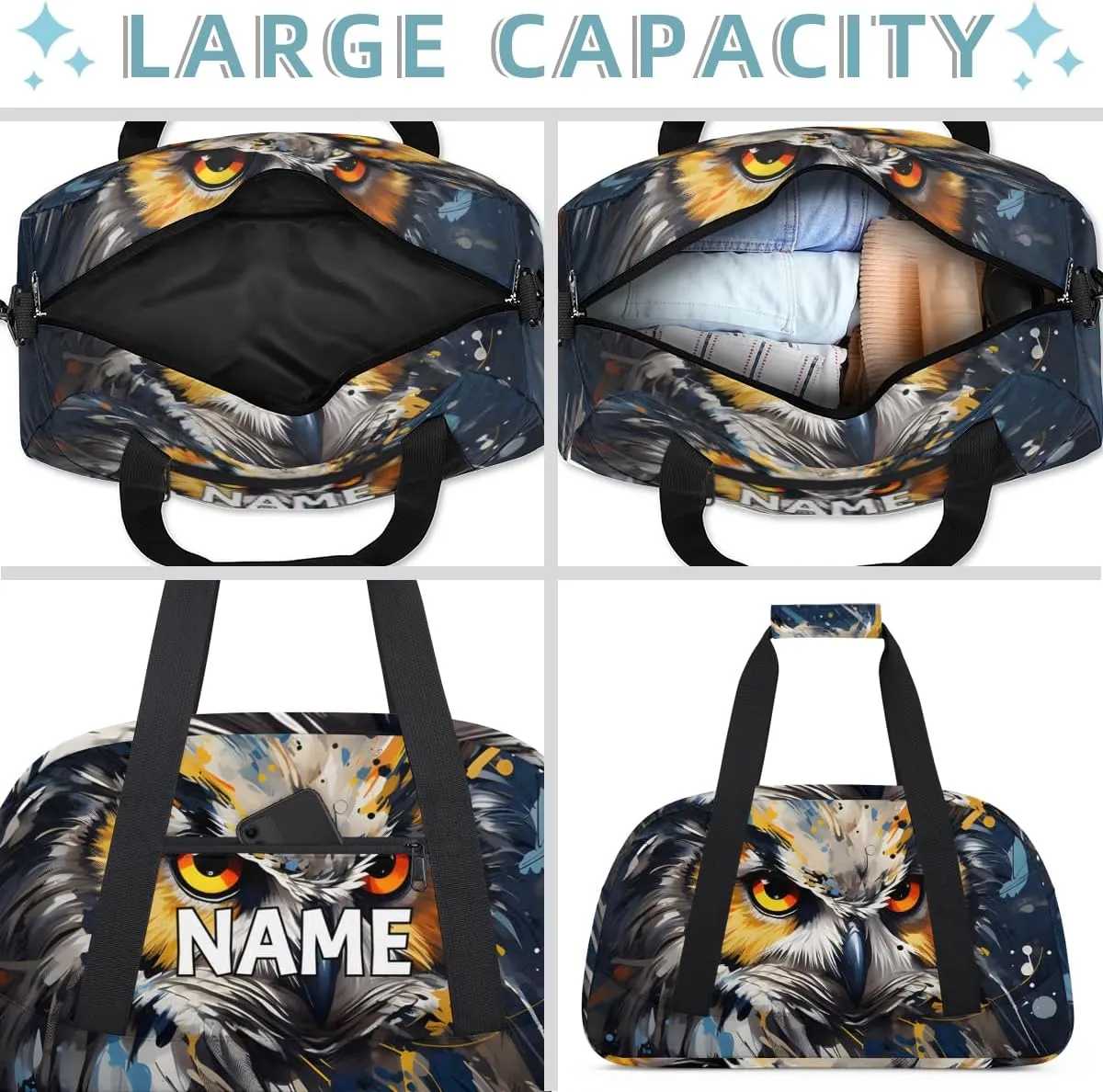 Personalized Custom Gym Bag for Women Men Carry on Wildlife Owl Travel Duffel Tote Boho Print Overnight Workout Weekender Bag