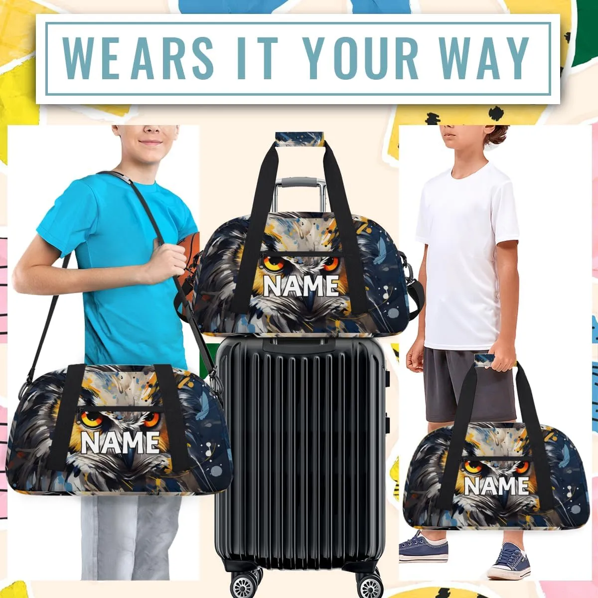 Personalized Custom Gym Bag for Women Men Carry on Wildlife Owl Travel Duffel Tote Boho Print Overnight Workout Weekender Bag