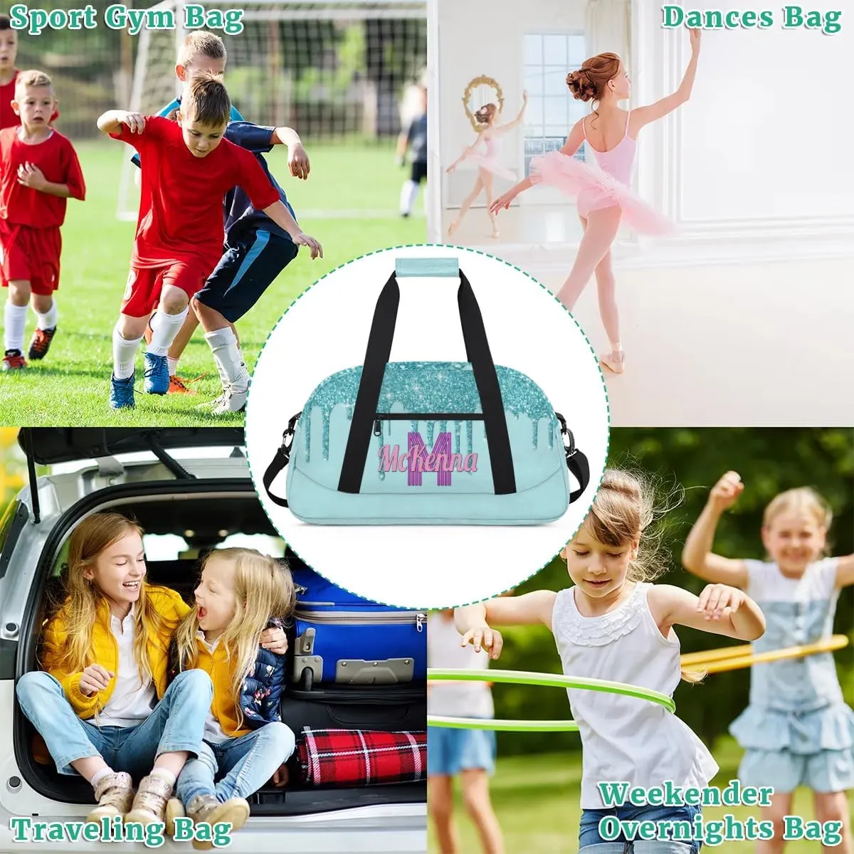 Personalized Dance Bag, Cheerleader Bag Gym Sport Duffel Bag Weekender Bags Travel Duffel Bag, Pale Turquoise Blue with Glitters
