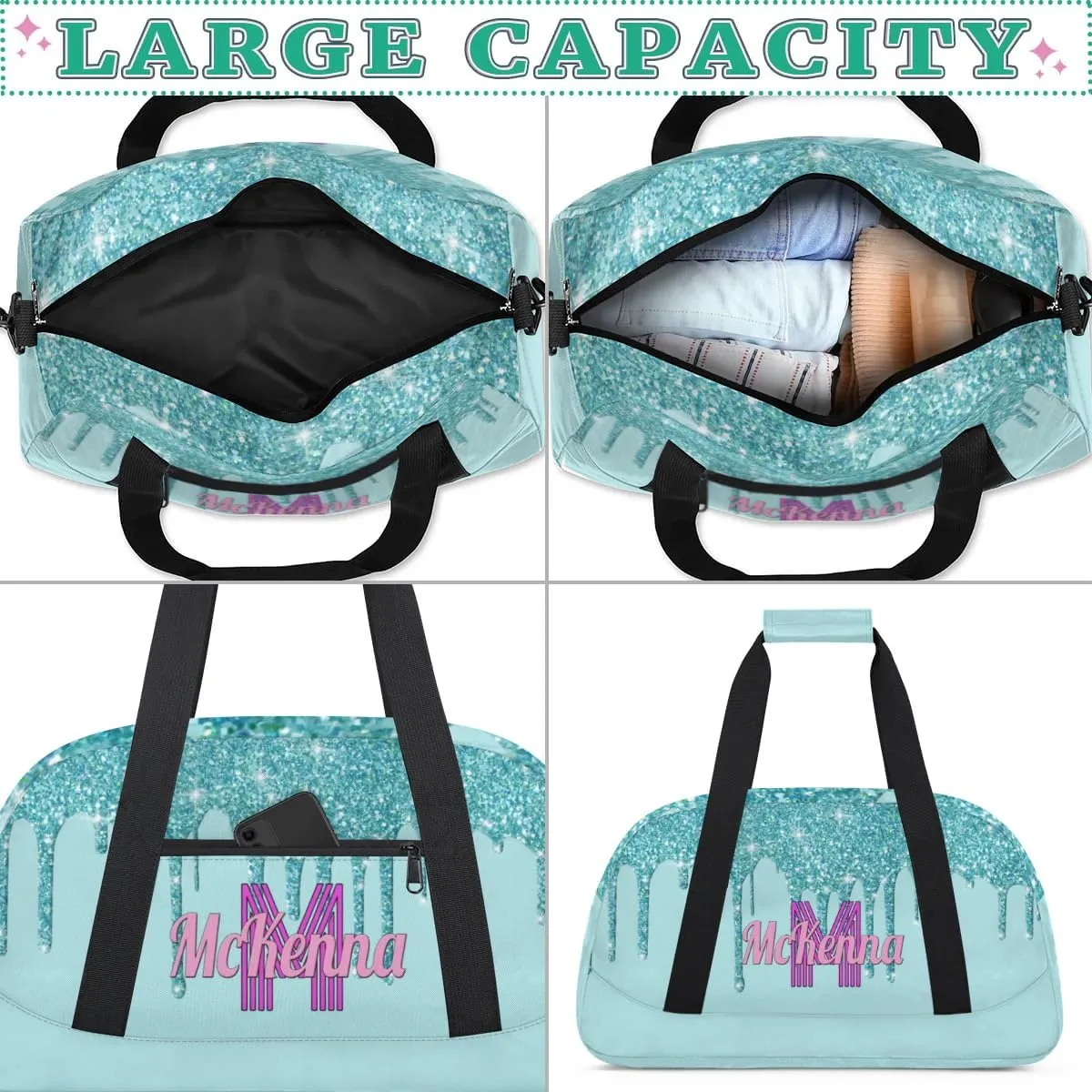 Personalized Dance Bag, Cheerleader Bag Gym Sport Duffel Bag Weekender Bags Travel Duffel Bag, Pale Turquoise Blue with Glitters