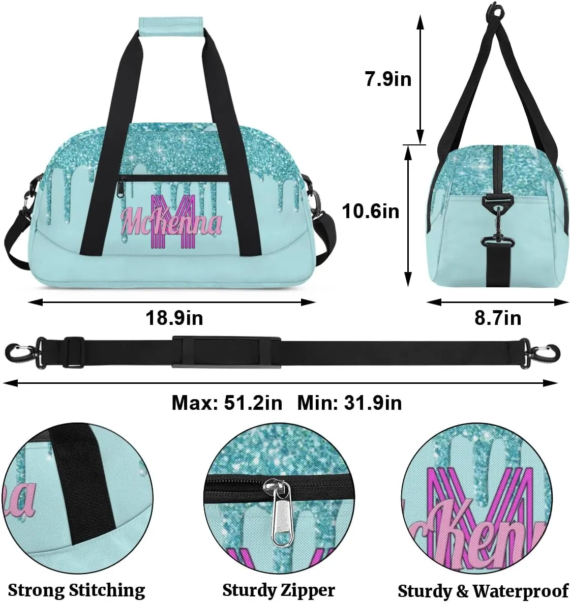 Personalized Dance Bag, Cheerleader Bag Gym Sport Duffel Bag Weekender Bags Travel Duffel Bag, Pale Turquoise Blue with Glitters
