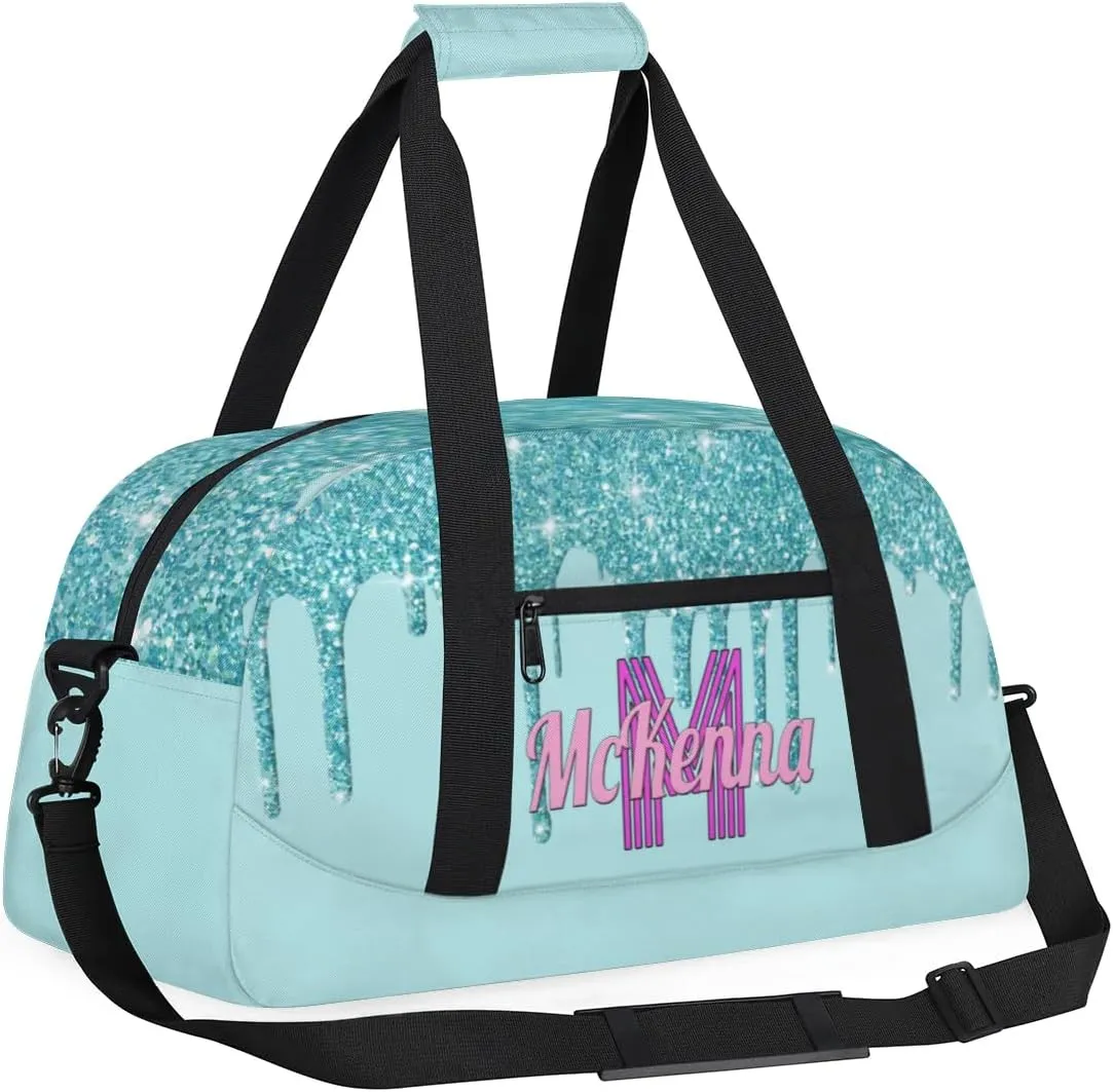 Personalized Dance Bag, Cheerleader Bag Gym Sport Duffel Bag Weekender Bags Travel Duffel Bag, Pale Turquoise Blue with Glitters
