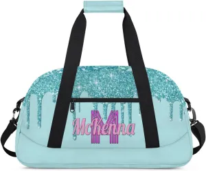 Personalized Dance Bag, Cheerleader Bag Gym Sport Duffel Bag Weekender Bags Travel Duffel Bag, Pale Turquoise Blue with Glitters