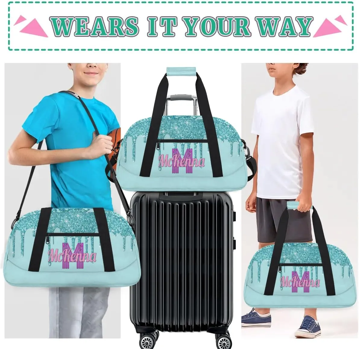 Personalized Dance Bag, Cheerleader Bag Gym Sport Duffel Bag Weekender Bags Travel Duffel Bag, Pale Turquoise Blue with Glitters