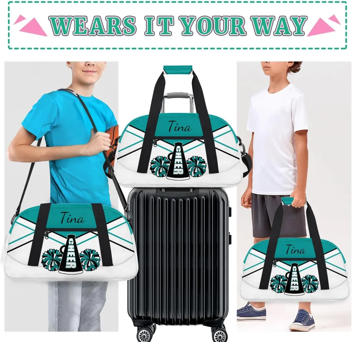 Personalized Gym Bag Duffel Bag for Girls, Custom Cheerleader Bag Overnight Bags for Gymnastics Travel Weekender Practice Cheering Horn