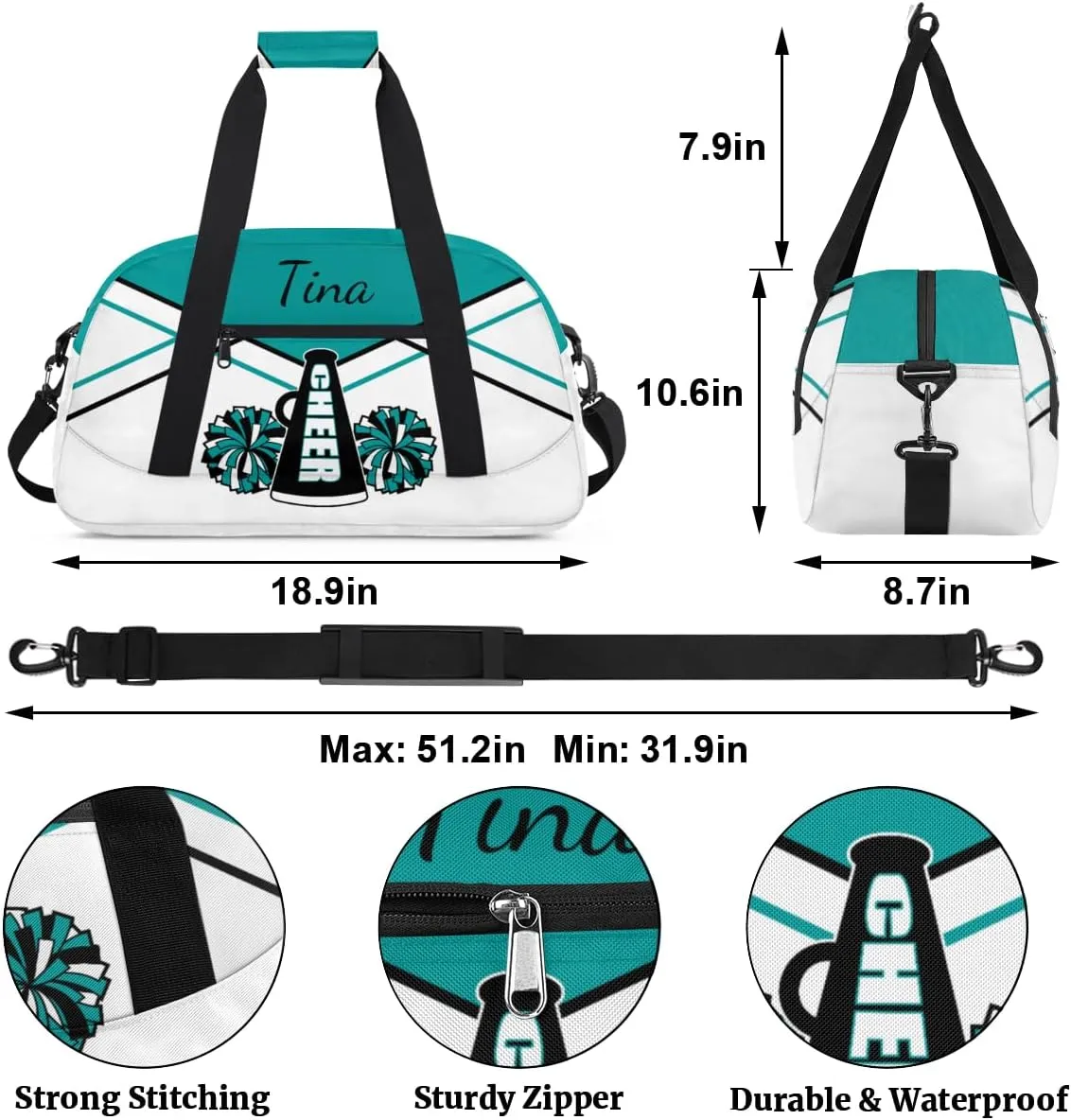 Personalized Gym Bag Duffel Bag for Girls, Custom Cheerleader Bag Overnight Bags for Gymnastics Travel Weekender Practice Cheering Horn