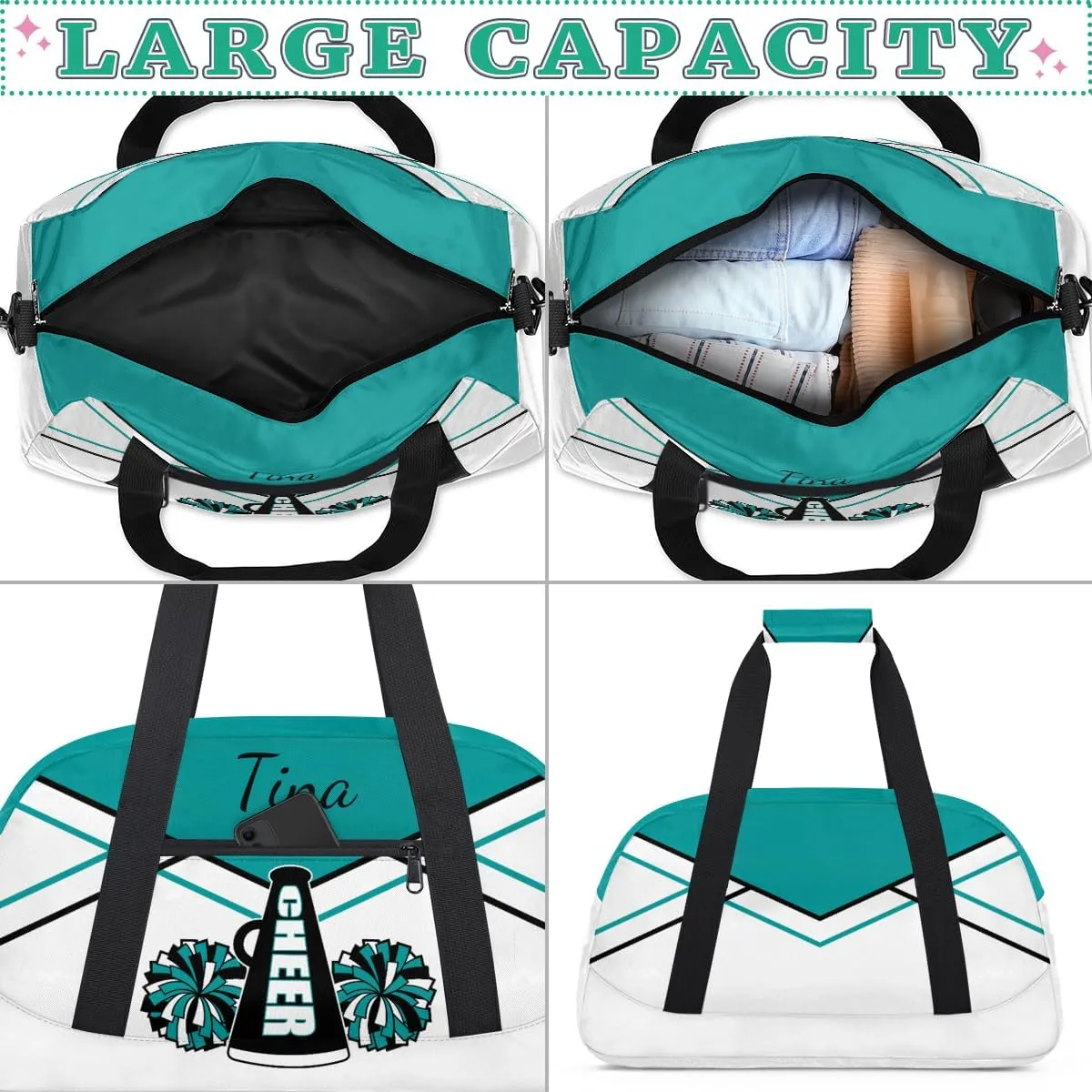 Personalized Gym Bag Duffel Bag for Girls, Custom Cheerleader Bag Overnight Bags for Gymnastics Travel Weekender Practice Cheering Horn