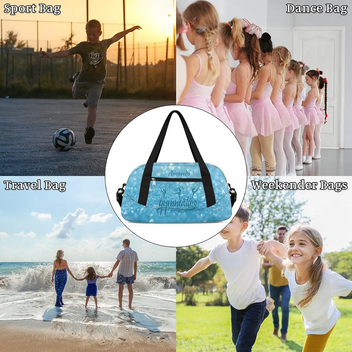 Personalized Gym Bag for Girls Teens, Custom Dance Bag Overnight Small Duffel Bag Carry On Weekend Sports Travel Bag for School Practice Gymnastics Ballet, Gymnastics Blue Stars