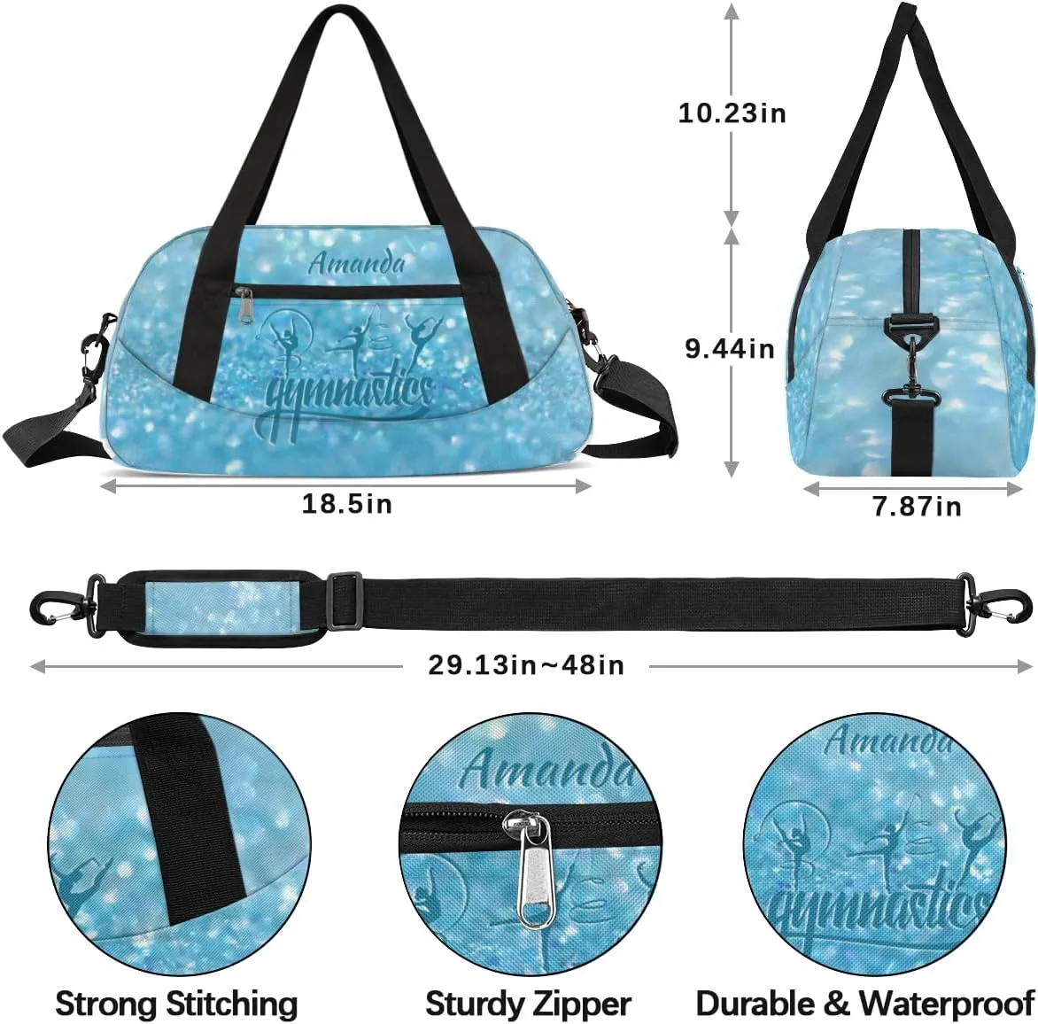 Personalized Gym Bag for Girls Teens, Custom Dance Bag Overnight Small Duffel Bag Carry On Weekend Sports Travel Bag for School Practice Gymnastics Ballet, Gymnastics Blue Stars