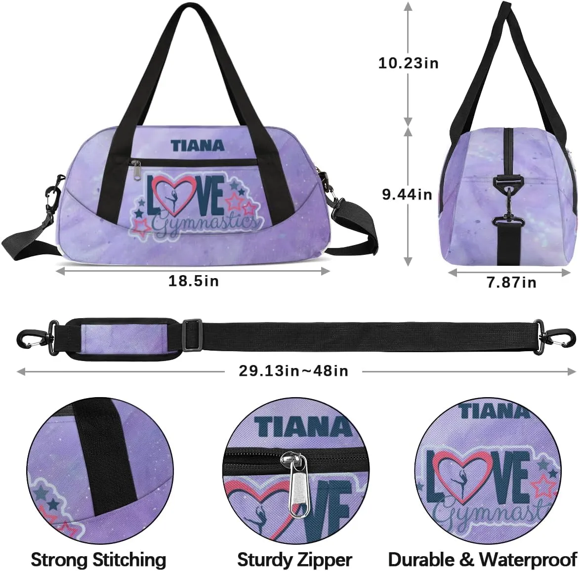 Personalized Gym Bag for Girls Teens, Custom Dance Bag Overnight Small Duffel Bag Carry On Weekend Sports Travel Bag for School Practice Gymnastics Ballet, Gymnastics Dots Purple Watercolor
