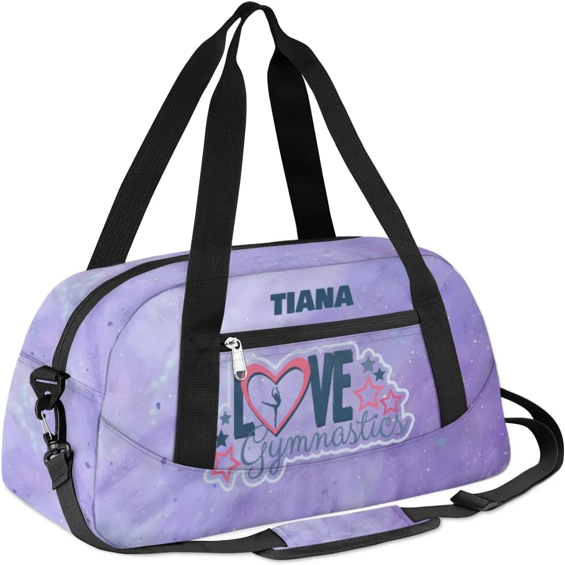 Personalized Gym Bag for Girls Teens, Custom Dance Bag Overnight Small Duffel Bag Carry On Weekend Sports Travel Bag for School Practice Gymnastics Ballet, Gymnastics Dots Purple Watercolor