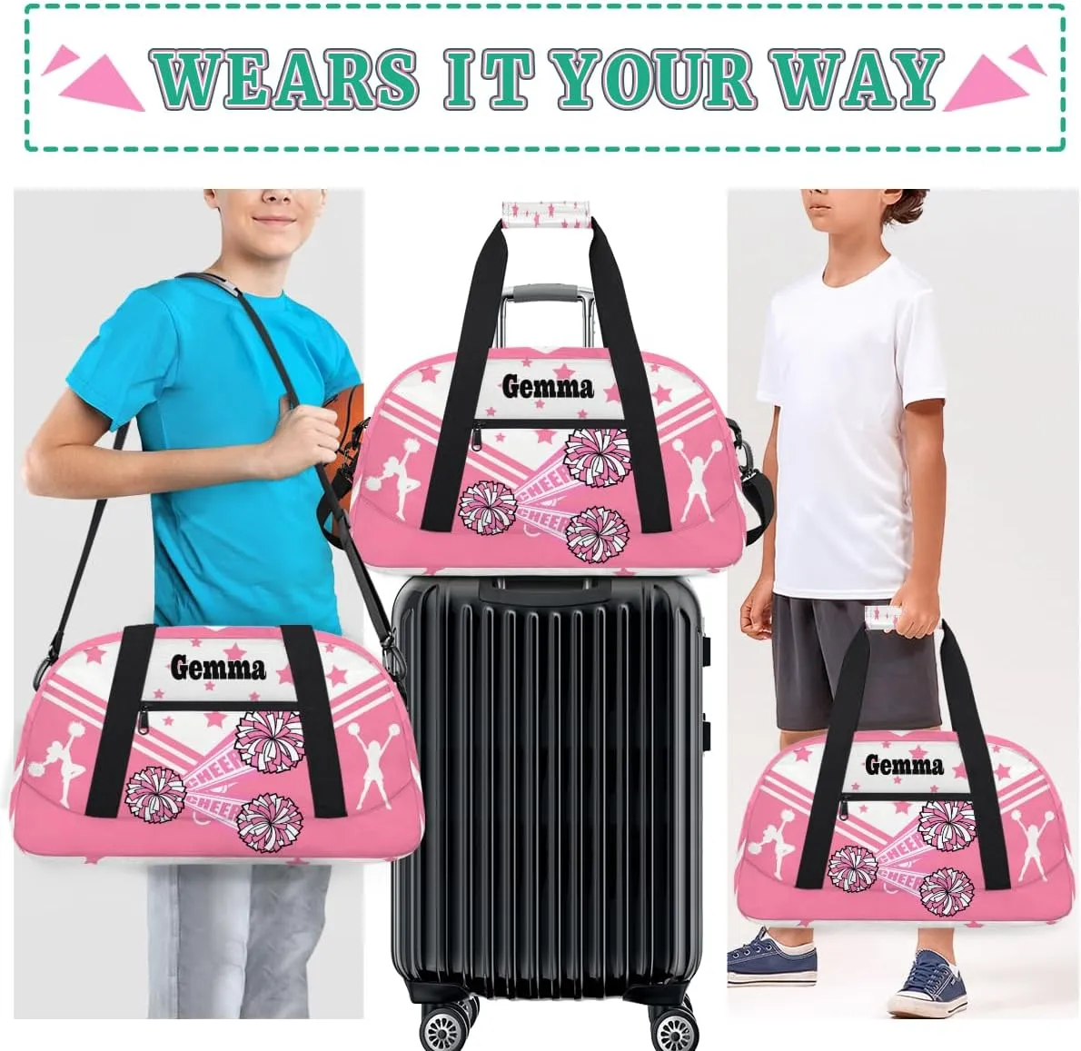 Personalized Sports Cheer Duffel Bag, Custom Sport Gym Bag Large Compartment Cheerleaders Dance Bag Weekender Bags Travel Training Bag for men, Pink CHEER with Stars