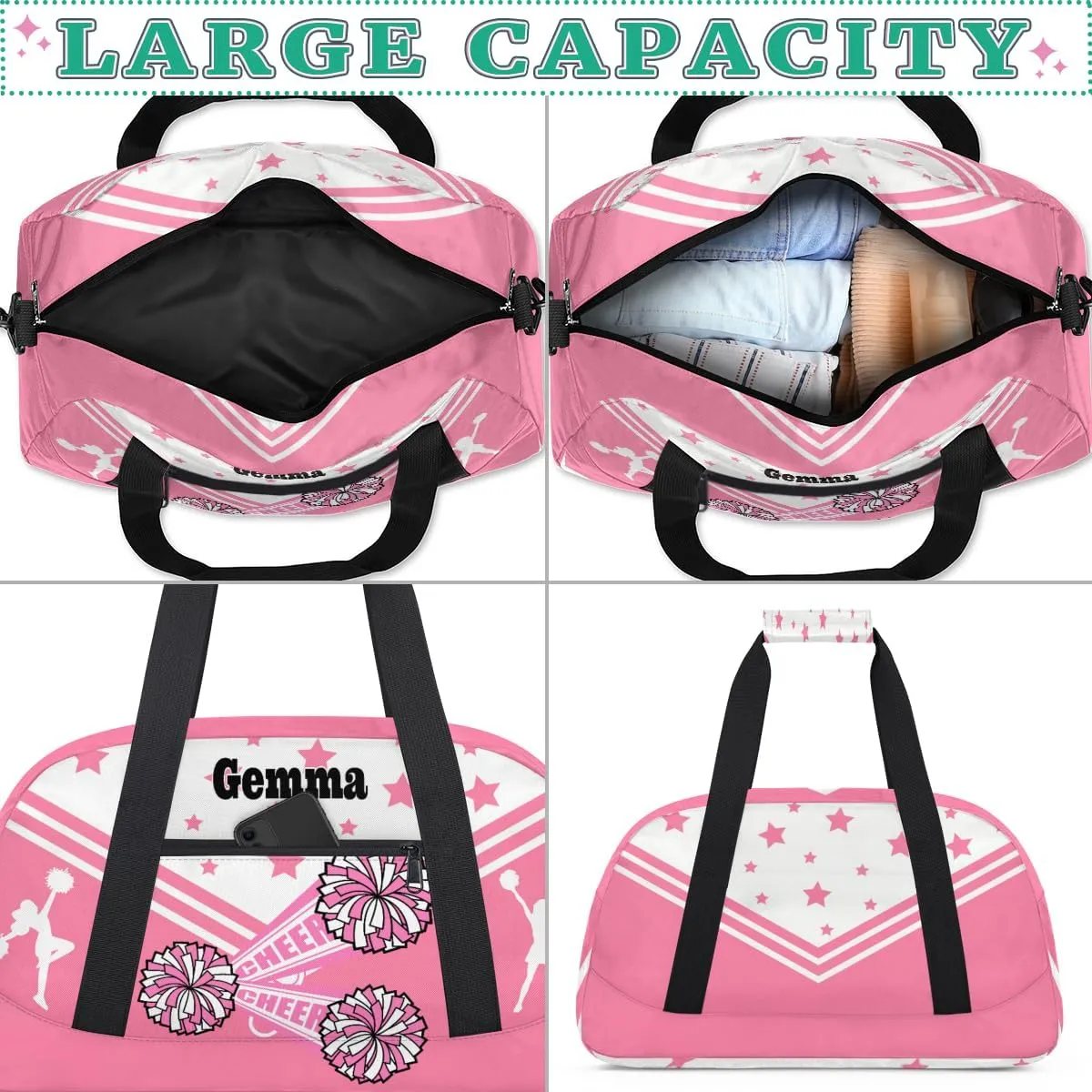 Personalized Sports Cheer Duffel Bag, Custom Sport Gym Bag Large Compartment Cheerleaders Dance Bag Weekender Bags Travel Training Bag for men, Pink CHEER with Stars