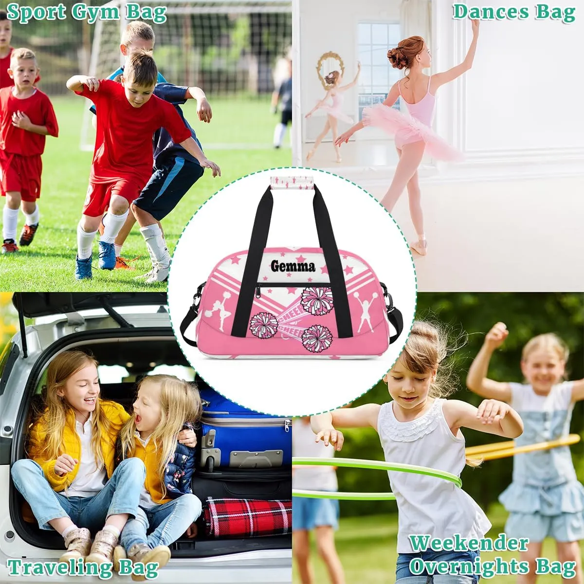 Personalized Sports Cheer Duffel Bag, Custom Sport Gym Bag Large Compartment Cheerleaders Dance Bag Weekender Bags Travel Training Bag for men, Pink CHEER with Stars