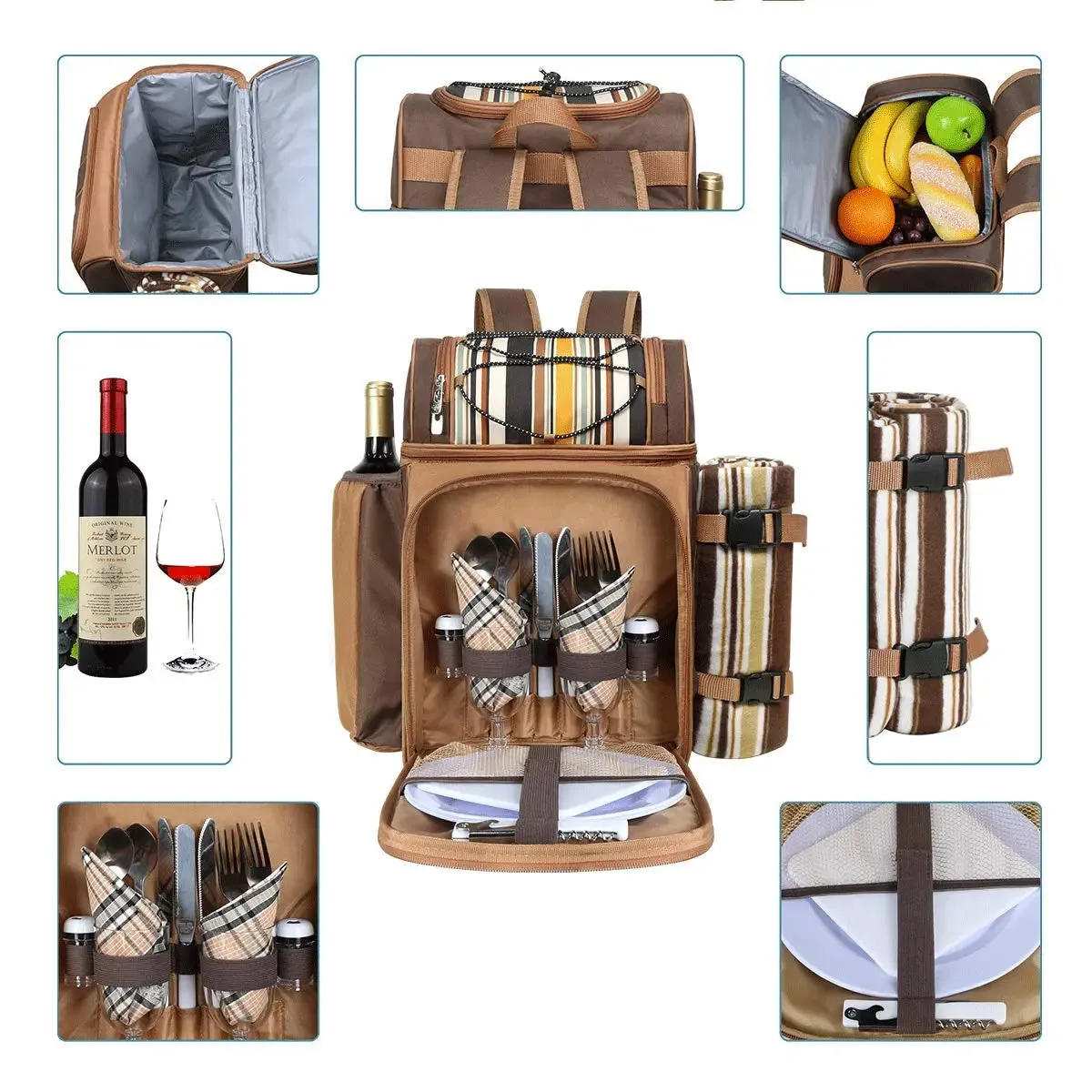 Picnic Set Backpack with Insulated Cooler for Two