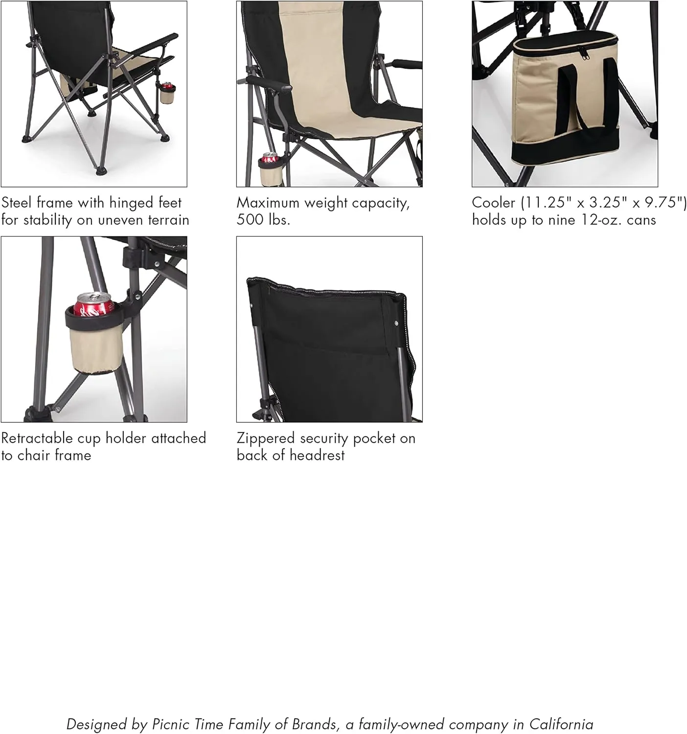 PICNIC TIME NCAA Big Bear XXL Camp Chair with Cooler, Heavy Duty Beach Chair, 500 lb Capacity Camping Chair with Carry Bag, (Black)