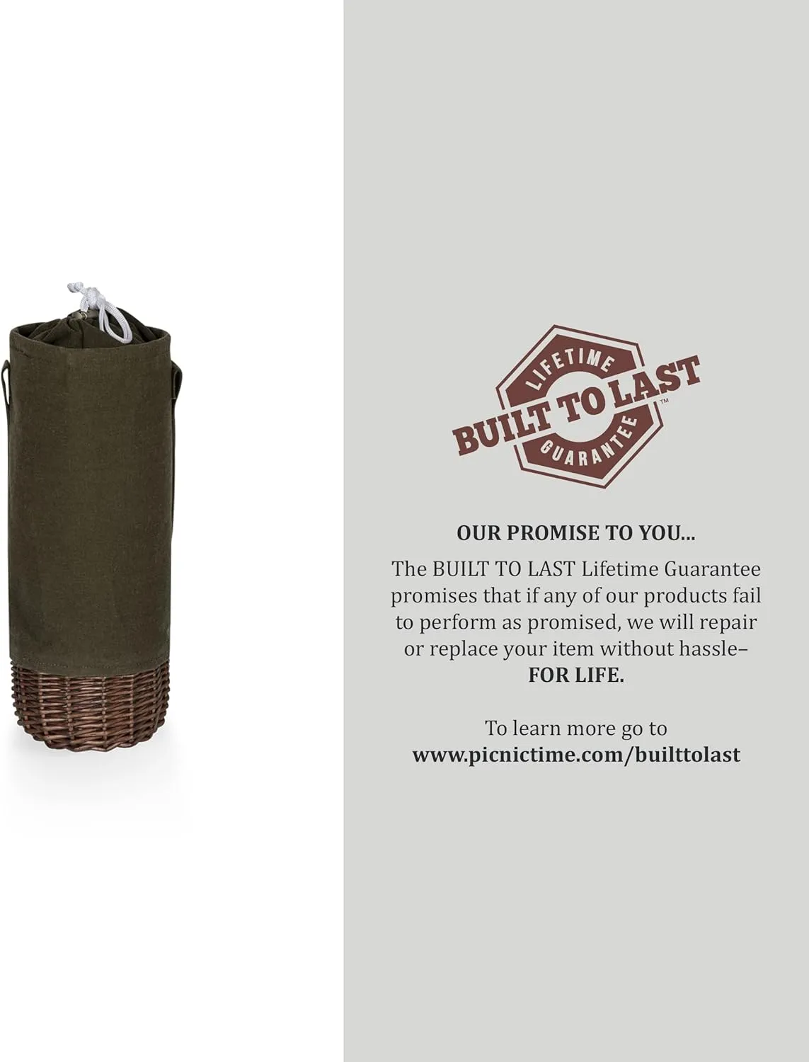 PICNIC TIME NCAA Malbec Insulated Canvas and Willow Wine Bottle Basket, Wine Tote, Wine Gift Bag, (Khaki Green with Beige Accents)
