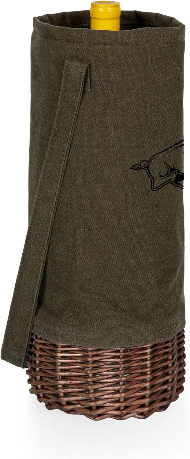 PICNIC TIME NCAA Malbec Insulated Canvas and Willow Wine Bottle Basket, Wine Tote, Wine Gift Bag, (Khaki Green with Beige Accents)