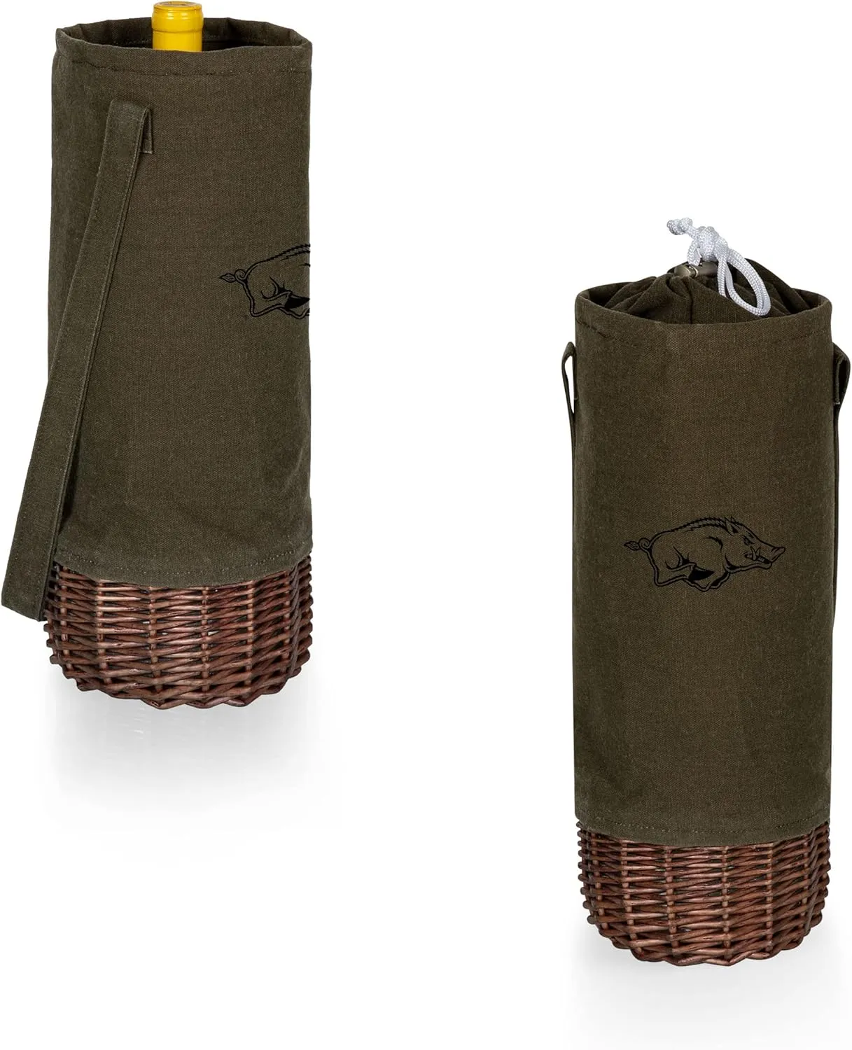 PICNIC TIME NCAA Malbec Insulated Canvas and Willow Wine Bottle Basket, Wine Tote, Wine Gift Bag, (Khaki Green with Beige Accents)